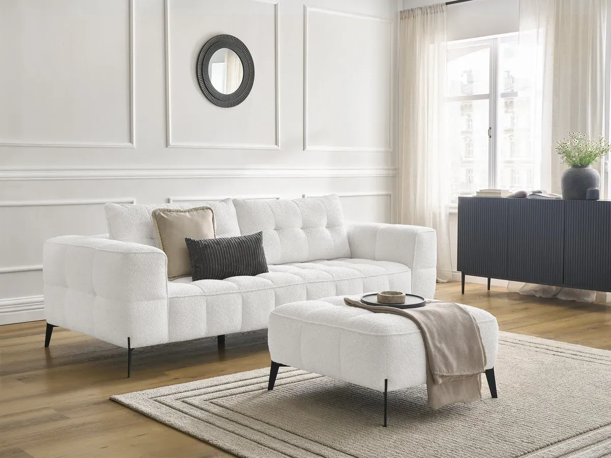 Canapé droit fixe 3 places ANIS tissu bouclette avec pouf blanc   BOBOCHIC