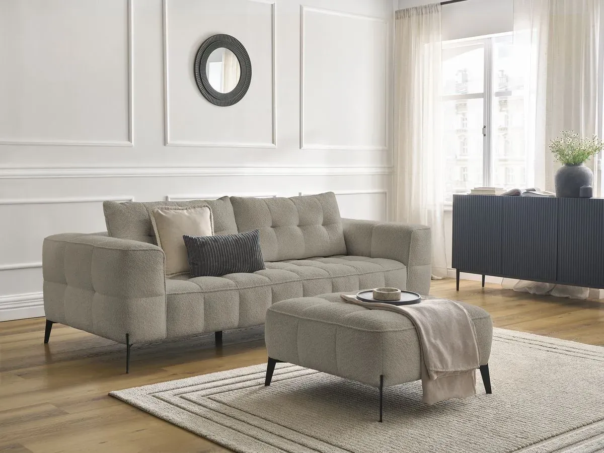 Canapé droit fixe 3 places ANIS tissu bouclette avec pouf taupe   BOBOCHIC