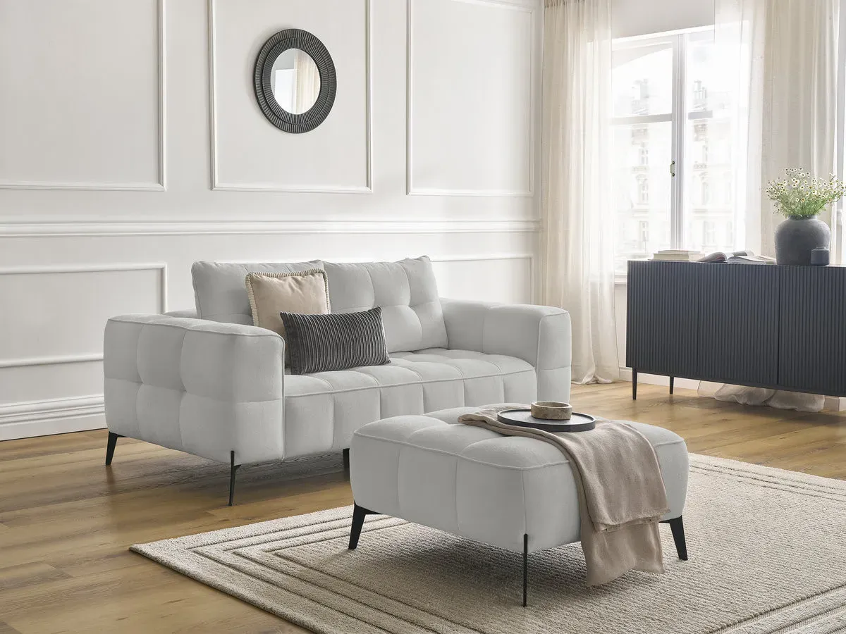 Canapé droit fixe 2 places ANIS tissu texturé avec pouf gris clair   BOBOCHIC