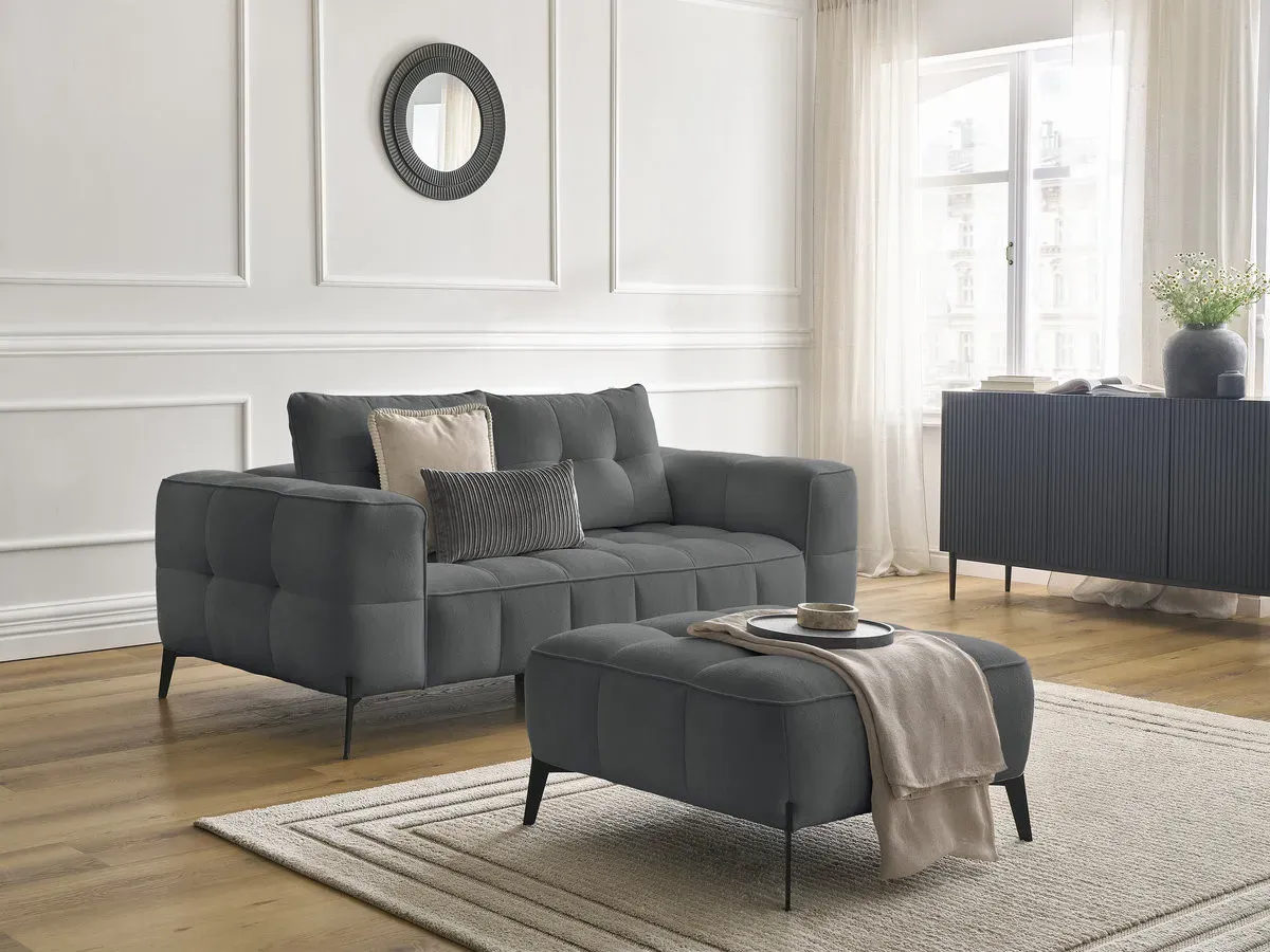 Canapé droit fixe 2 places ANIS tissu texturé avec pouf gris foncé   BOBOCHIC