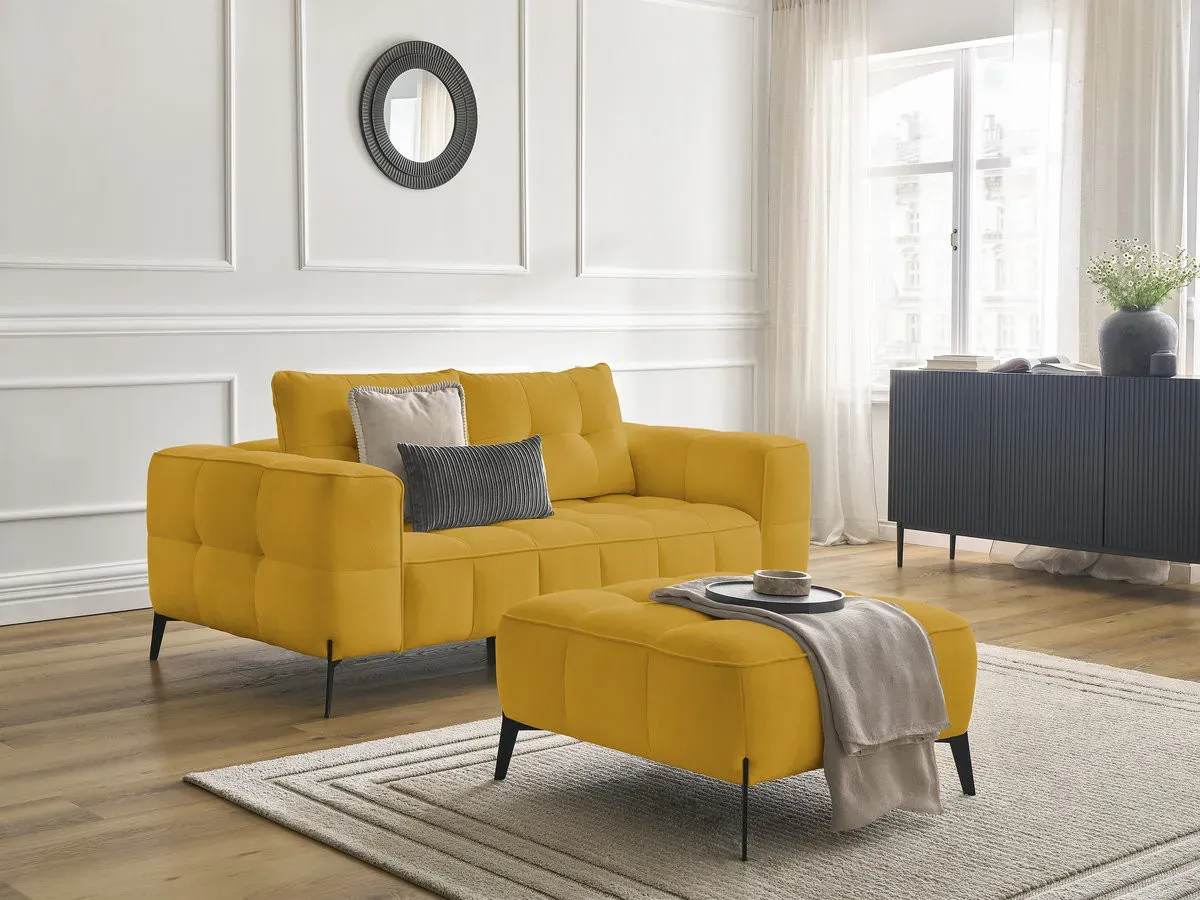 Canapé droit fixe 2 places ANIS tissu texturé avec pouf jaune   BOBOCHIC