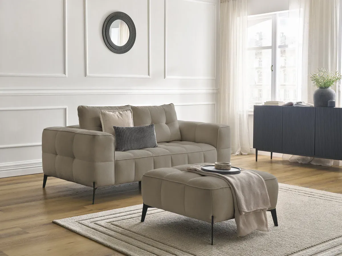 Canapé droit fixe 2 places ANIS tissu texturé avec pouf taupe   BOBOCHIC