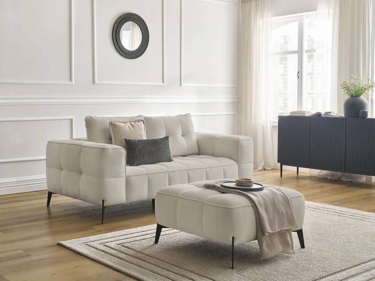 Canapé droit fixe 2 places ANIS tissu texturé avec pouf beige   BOBOCHIC