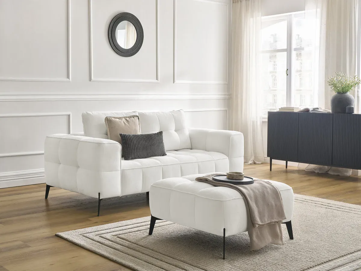 Canapé droit fixe 2 places ANIS tissu texturé avec pouf blanc   BOBOCHIC