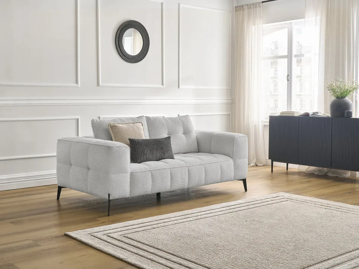 Canapé droit fixe 2 places ANIS tissu bouclette gris clair   BOBOCHIC