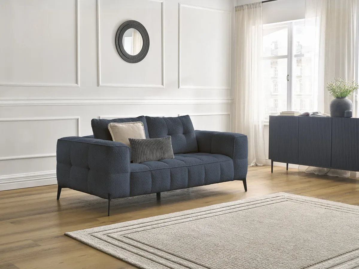 Canapé droit fixe 2 places ANIS tissu bouclette bleu foncé   BOBOCHIC