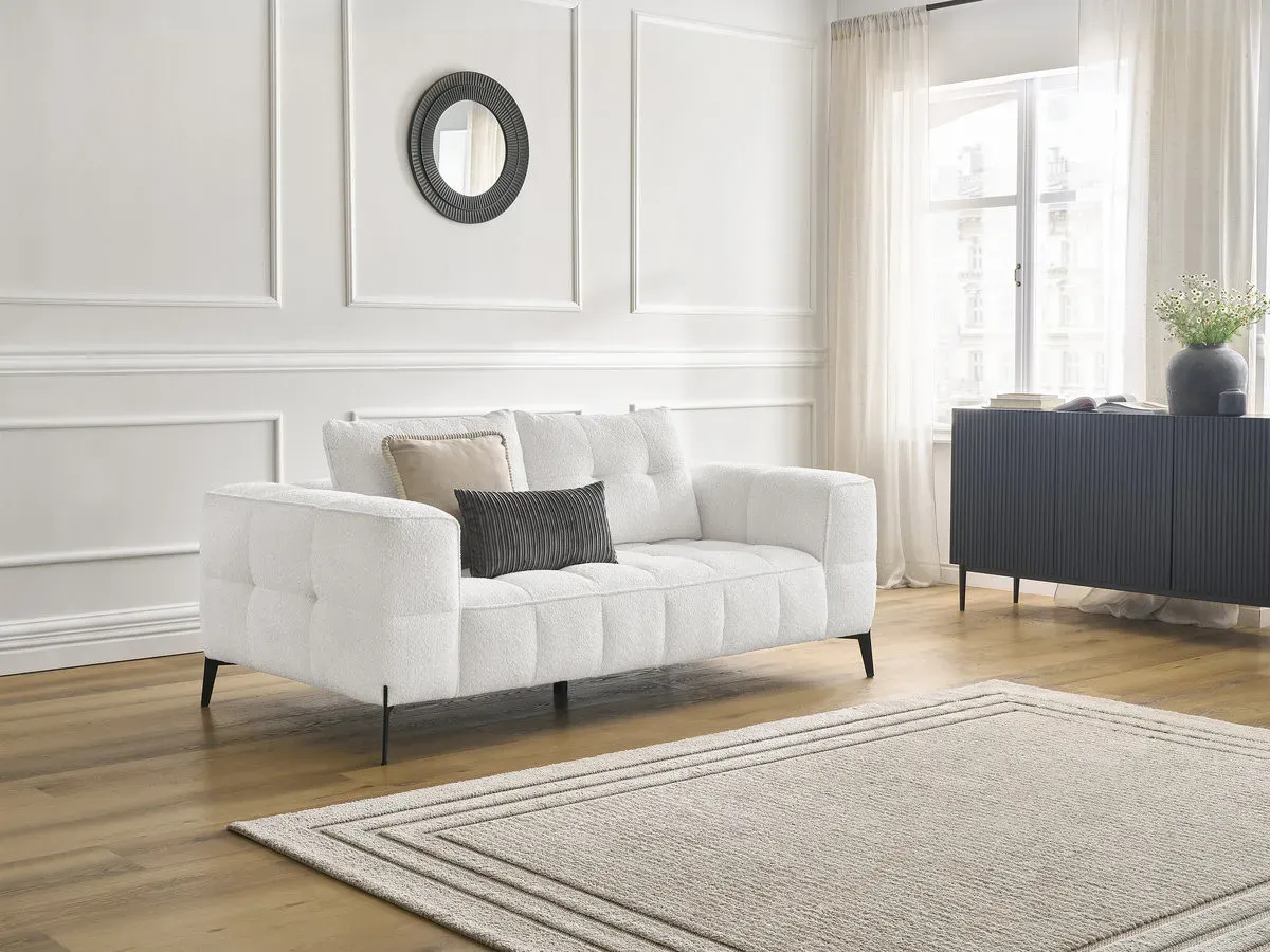Canapé droit fixe 2 places ANIS tissu bouclette blanc   BOBOCHIC
