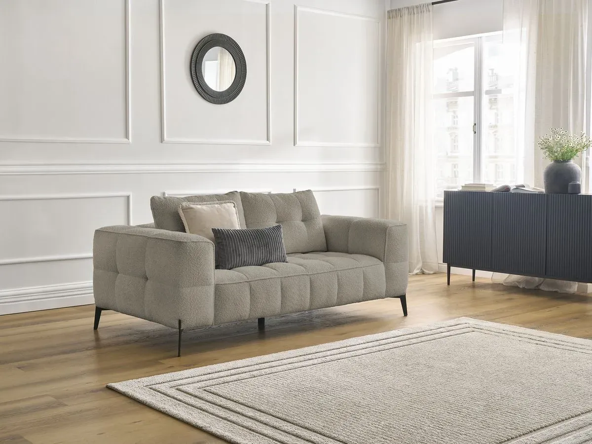 Canapé droit fixe 2 places ANIS tissu bouclette taupe   BOBOCHIC