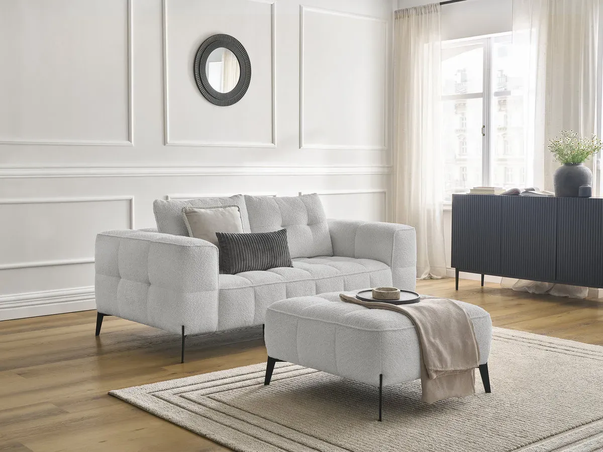 Canapé droit fixe 2 places ANIS tissu bouclette avec pouf gris clair   BOBOCHIC