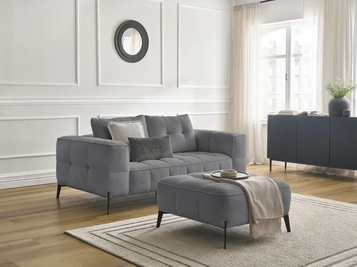 Canapé droit fixe 2 places ANIS tissu bouclette avec pouf gris foncé   BOBOCHIC