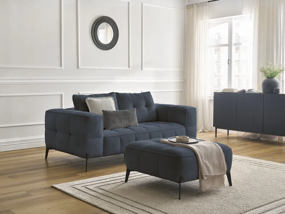 Canapé droit fixe 2 places ANIS tissu bouclette avec pouf bleu foncé   BOBOCHIC