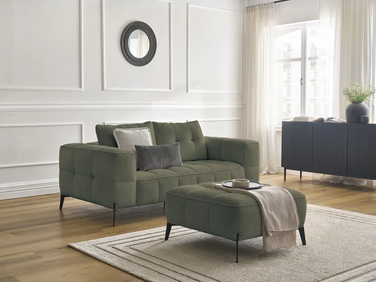 Canapé droit fixe 2 places ANIS tissu bouclette avec pouf vert   BOBOCHIC