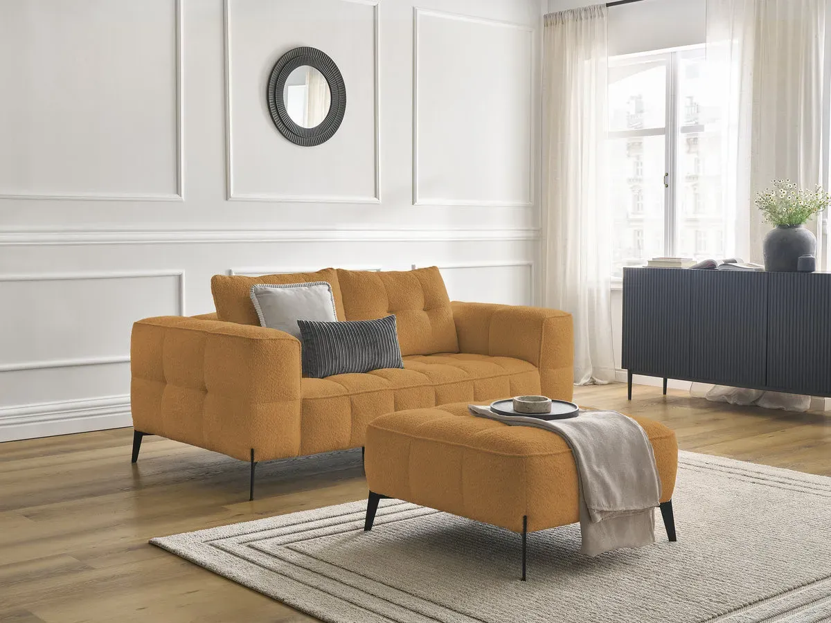 Canapé droit fixe 2 places ANIS tissu bouclette avec pouf jaune   BOBOCHIC