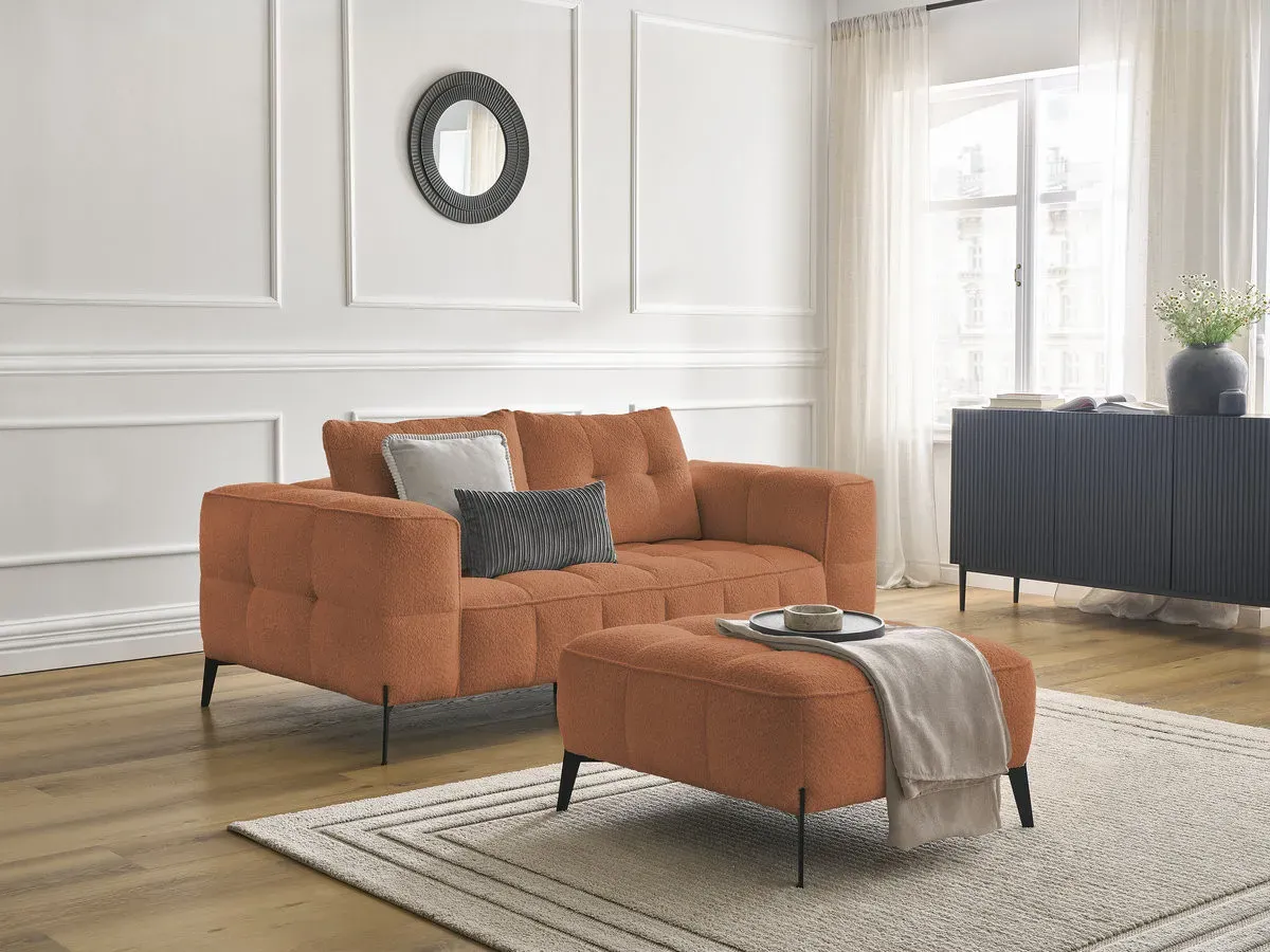 Canapé droit fixe 2 places ANIS tissu bouclette avec pouf orange   BOBOCHIC