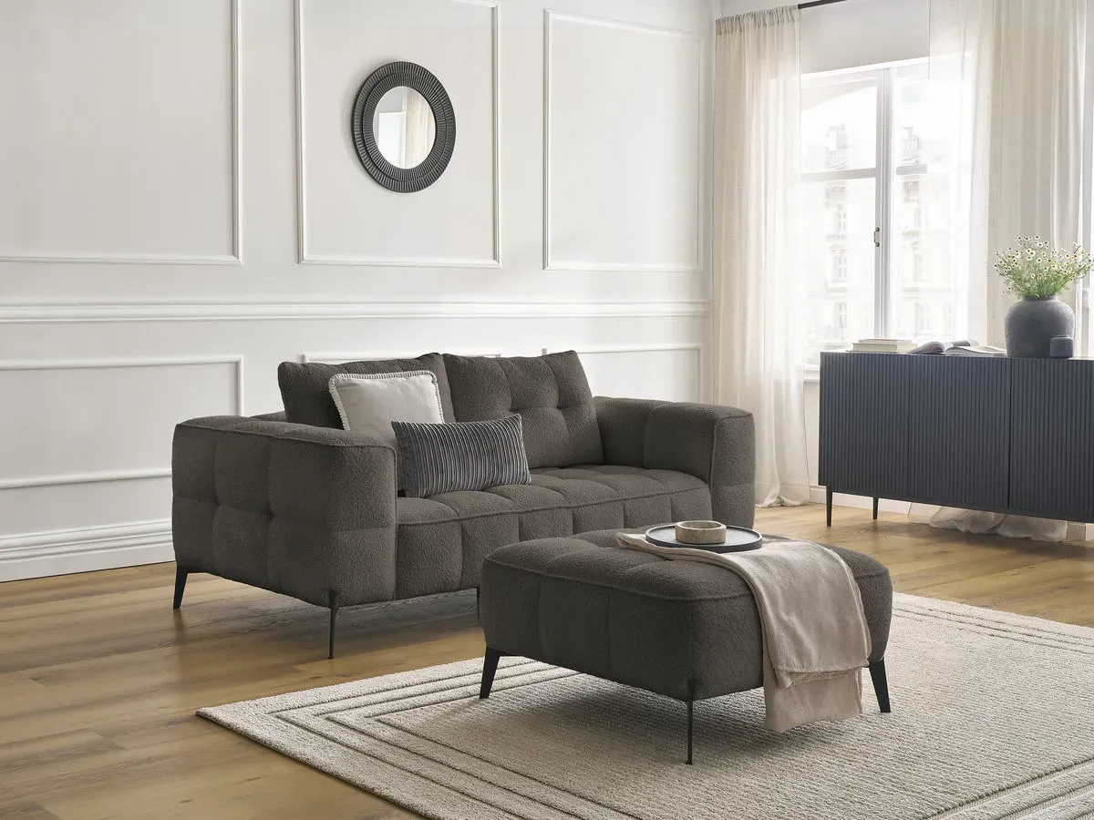 Canapé droit fixe 2 places ANIS tissu bouclette avec pouf marron   BOBOCHIC