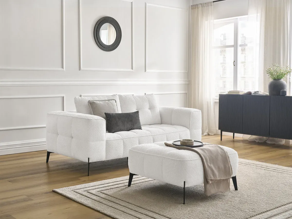 Canapé droit fixe 2 places ANIS tissu bouclette avec pouf blanc   BOBOCHIC