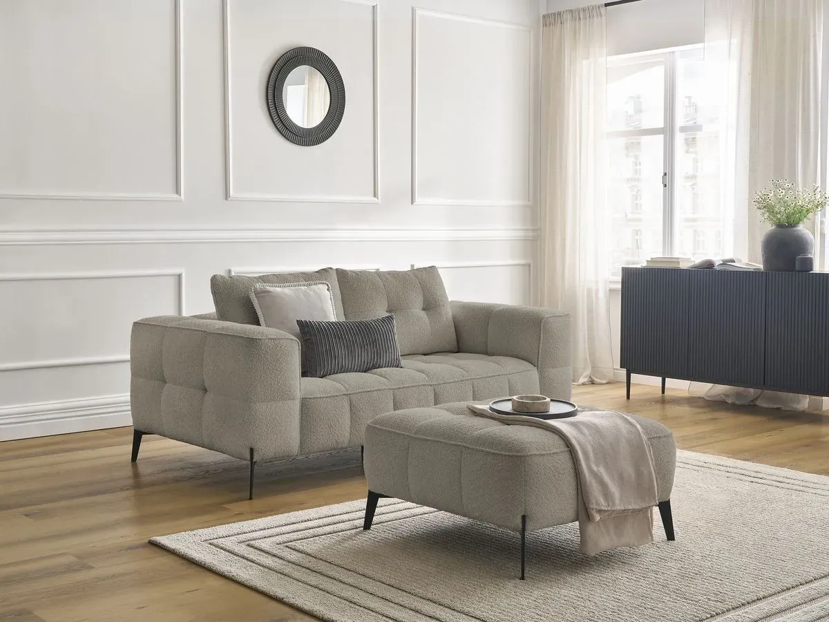 Canapé droit fixe 2 places ANIS tissu bouclette avec pouf taupe   BOBOCHIC