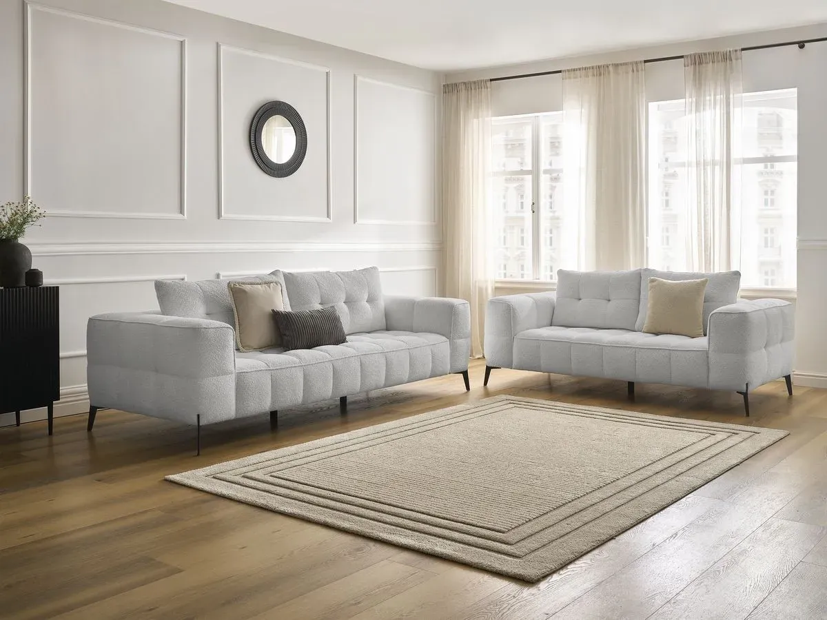 Ensemble canapé droit fixe 3 + 2 places ANIS tissu bouclette gris clair   BOBOCHIC