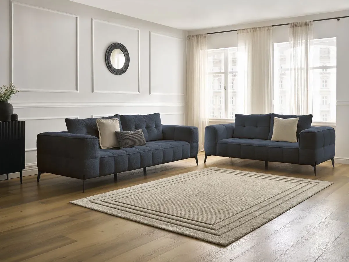 Ensemble canapé droit fixe 3 + 2 places ANIS tissu bouclette bleu foncé   BOBOCHIC