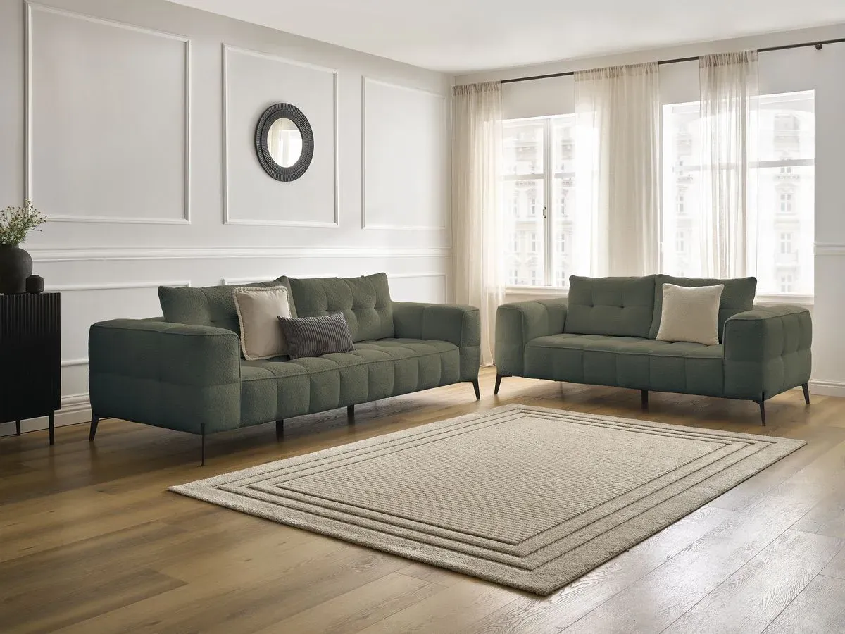 Ensemble canapé droit fixe 3 + 2 places ANIS tissu bouclette vert   BOBOCHIC