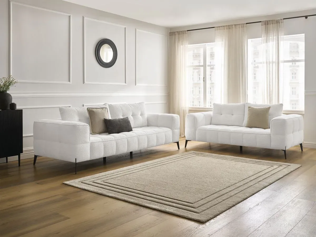 Ensemble canapé droit fixe 3 + 2 places ANIS tissu bouclette blanc   BOBOCHIC