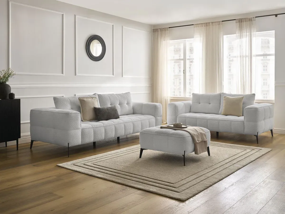 Ensemble canapé droit fixe 3 + 2 places ANIS tissu bouclette avec pouf gris clair   BOBOCHIC