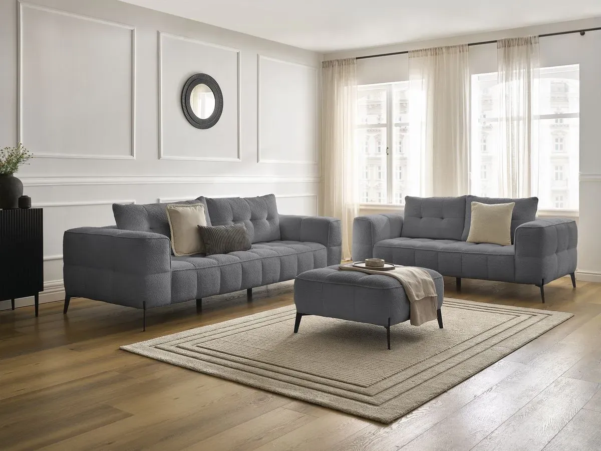 Ensemble canapé droit fixe 3 + 2 places ANIS tissu bouclette avec pouf gris foncé   BOBOCHIC