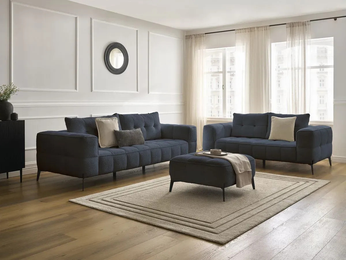 Ensemble canapé droit fixe 3 + 2 places ANIS tissu bouclette avec pouf bleu foncé   BOBOCHIC