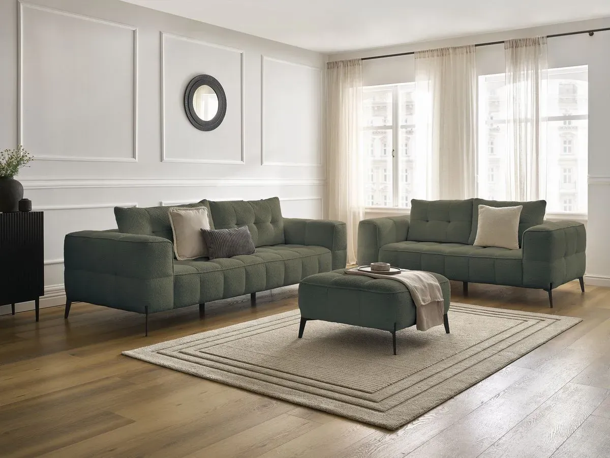 Ensemble canapé droit fixe 3 + 2 places ANIS tissu bouclette avec pouf vert   BOBOCHIC