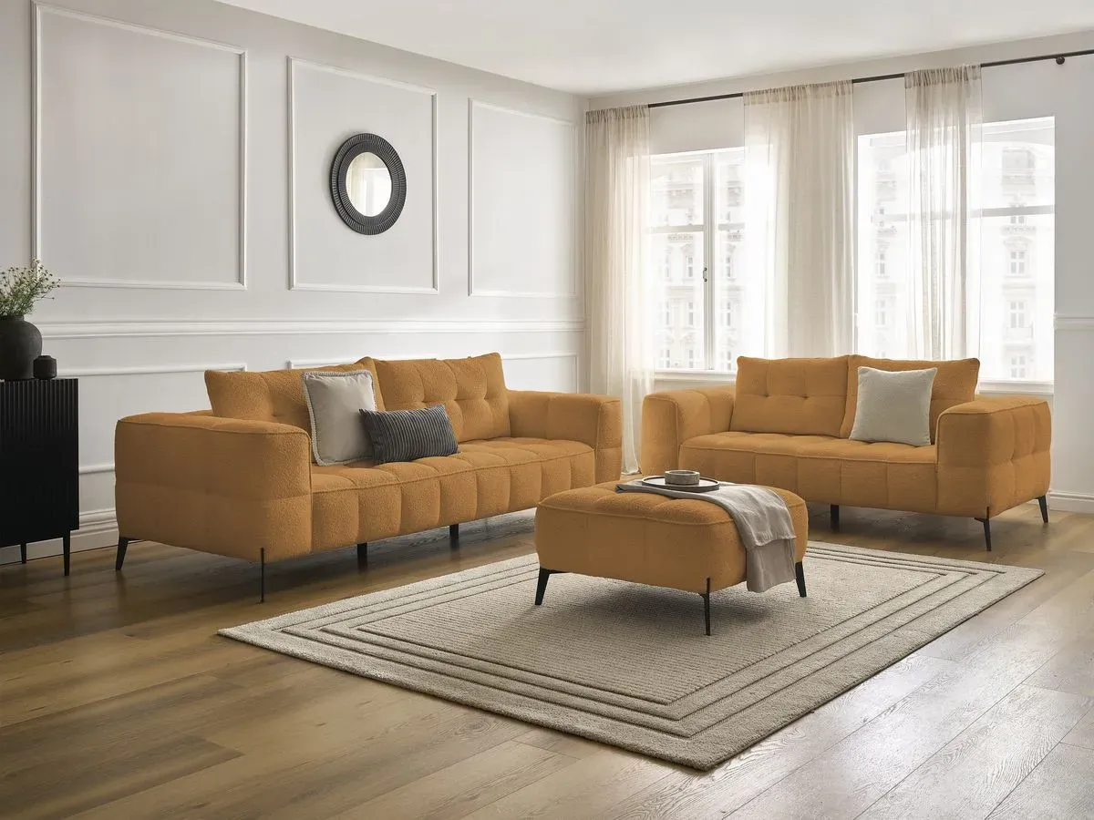 Ensemble canapé droit fixe 3 + 2 places ANIS tissu bouclette avec pouf jaune   BOBOCHIC