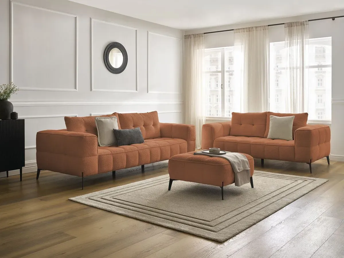 Ensemble canapé droit fixe 3 + 2 places ANIS tissu bouclette avec pouf orange   BOBOCHIC