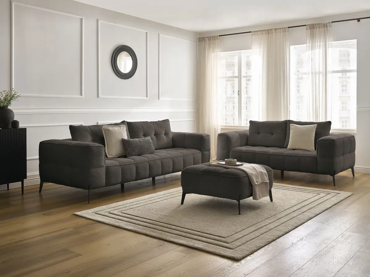 Ensemble canapé droit fixe 3 + 2 places ANIS tissu bouclette avec pouf marron   BOBOCHIC