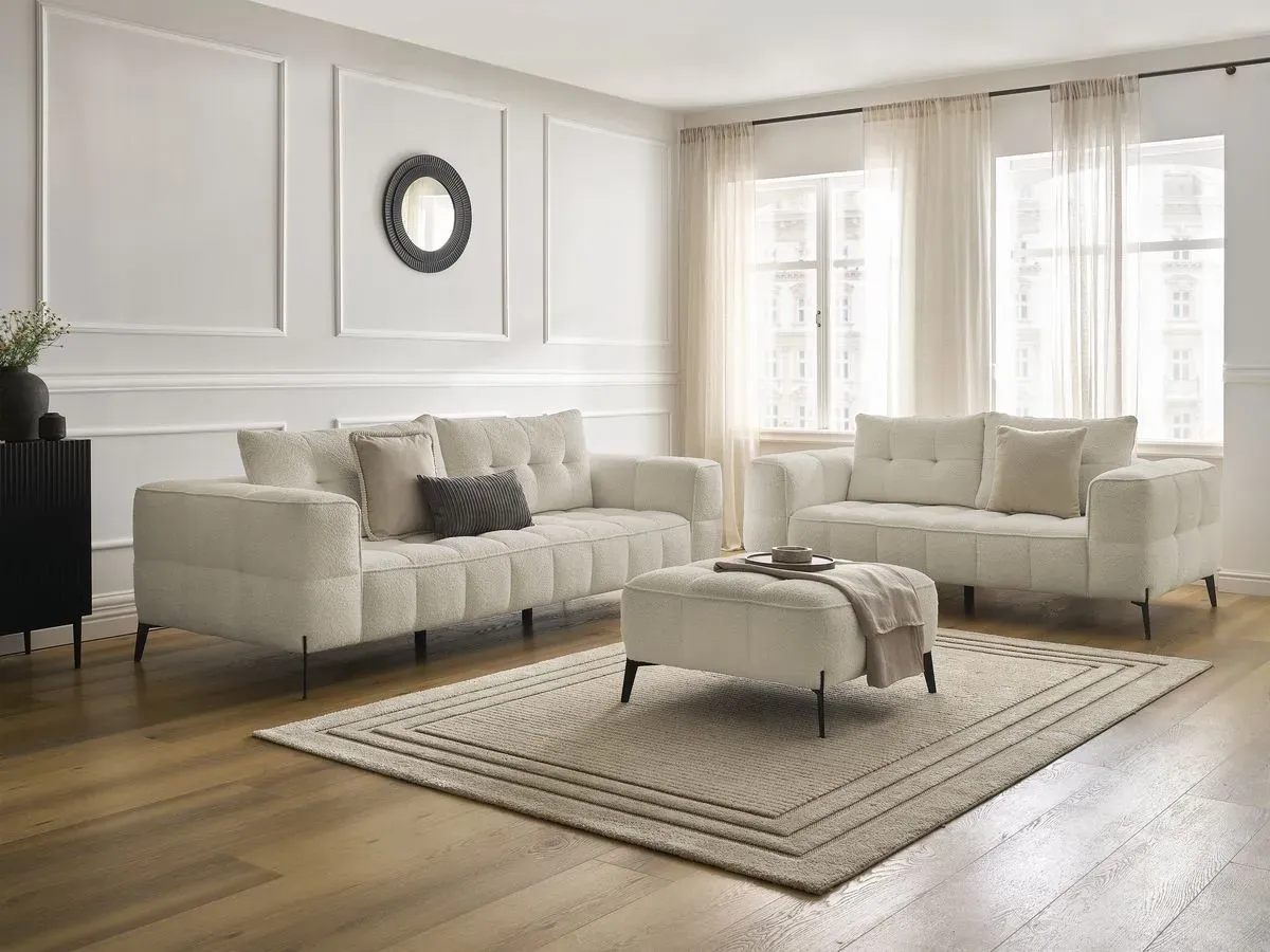 Ensemble canapé droit fixe 3 + 2 places ANIS tissu bouclette avec pouf beige   BOBOCHIC