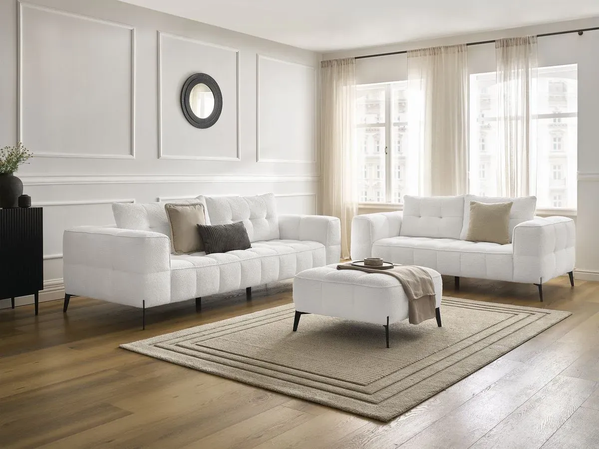Ensemble canapé droit fixe 3 + 2 places ANIS tissu bouclette avec pouf blanc   BOBOCHIC
