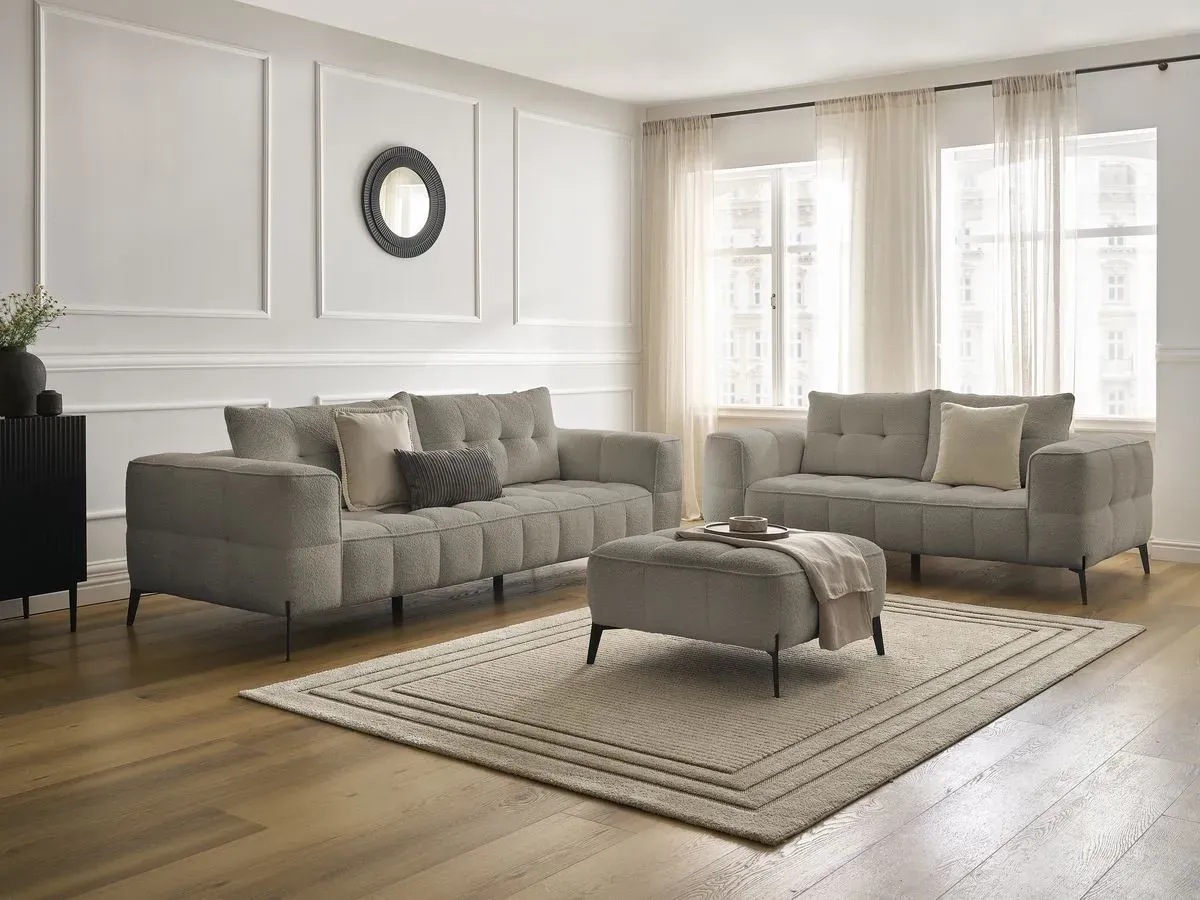 Ensemble canapé droit fixe 3 + 2 places ANIS tissu bouclette avec pouf taupe   BOBOCHIC