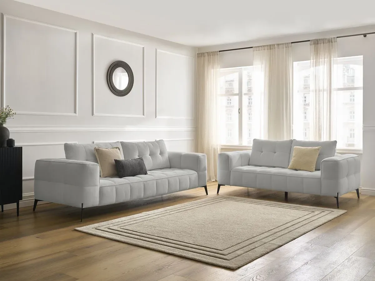 Ensemble canapé droit fixe 3 + 2 places ANIS tissu texturé gris clair   BOBOCHIC