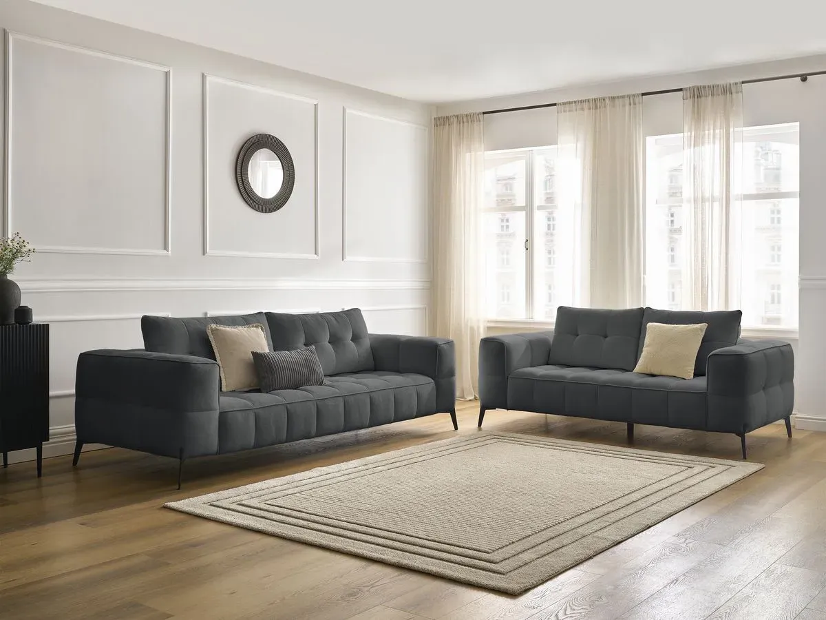 Ensemble canapé droit fixe 3 + 2 places ANIS tissu texturé gris foncé   BOBOCHIC