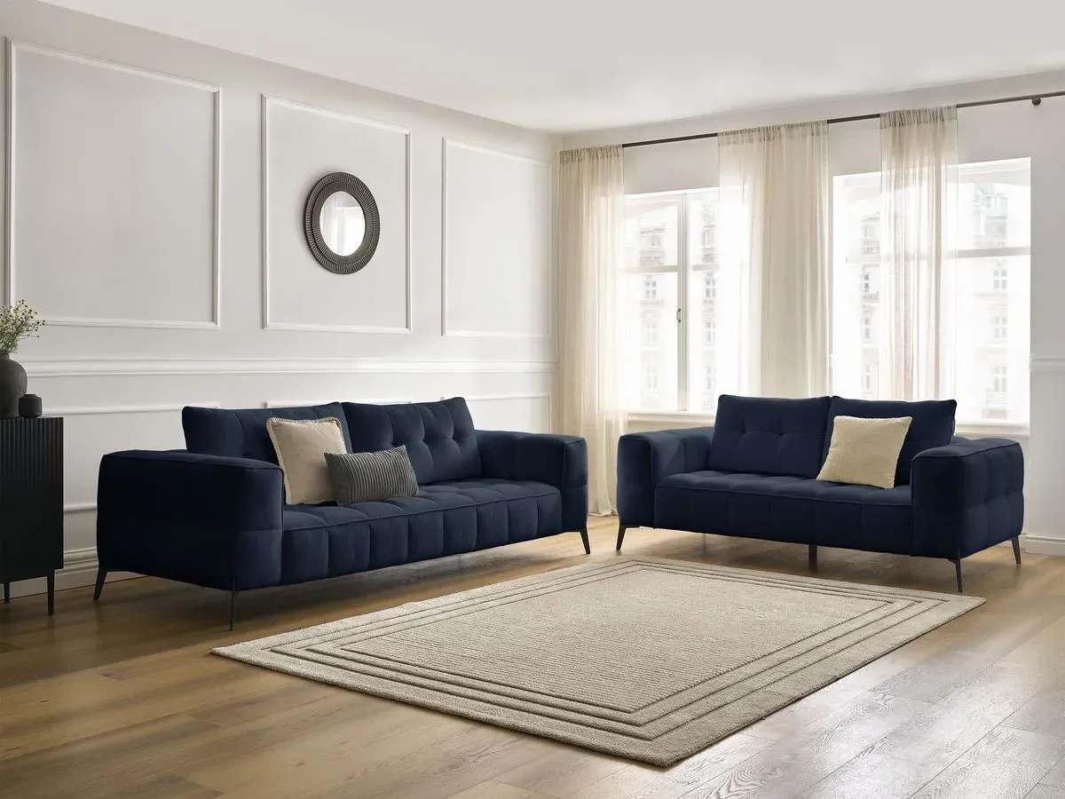 Ensemble canapé droit fixe 3 + 2 places ANIS tissu texturé bleu   BOBOCHIC