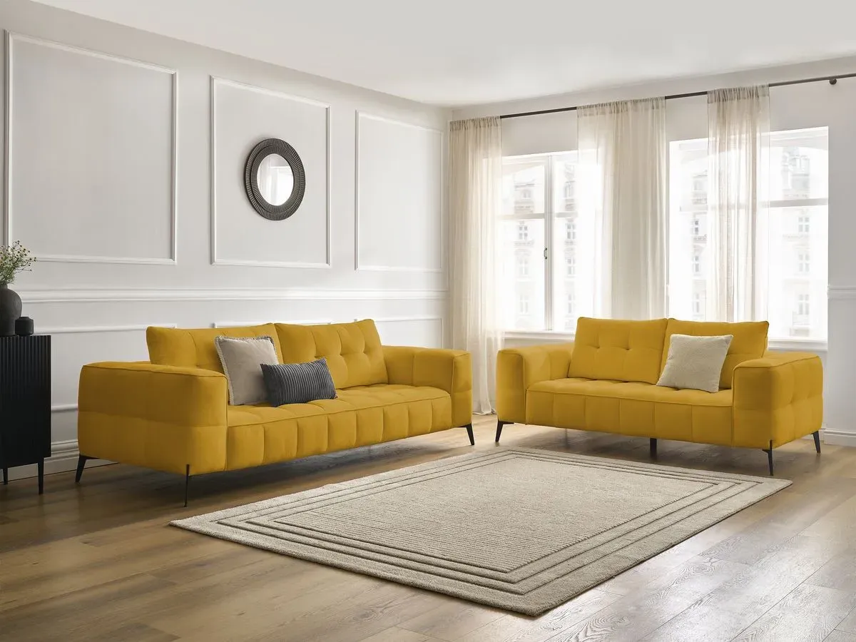 Ensemble canapé droit fixe 3 + 2 places ANIS tissu texturé jaune   BOBOCHIC