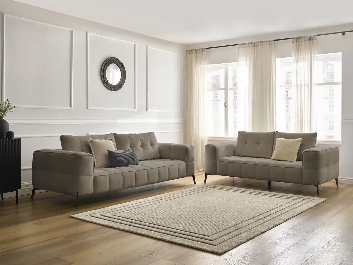 Ensemble canapé droit fixe 3 + 2 places ANIS tissu texturé taupe   BOBOCHIC