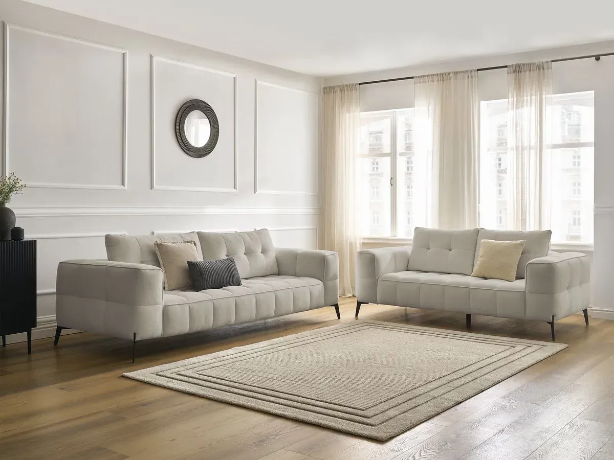 Ensemble canapé droit fixe 3 + 2 places ANIS tissu texturé beige   BOBOCHIC