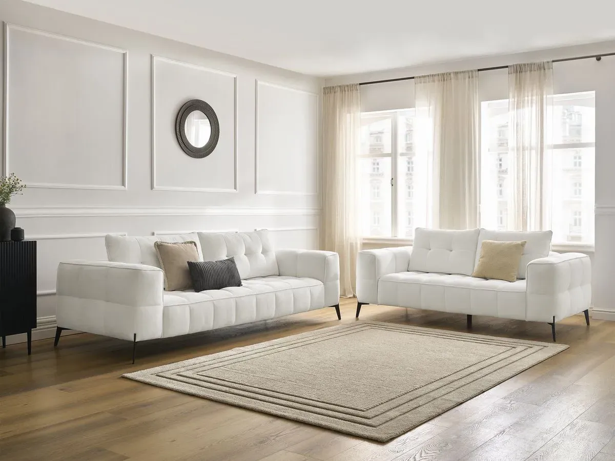 Ensemble canapé droit fixe 3 + 2 places ANIS tissu texturé blanc   BOBOCHIC