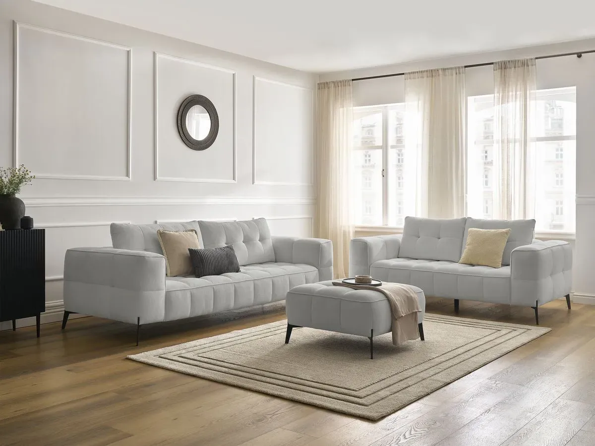 Ensemble canapé droit fixe 3 + 2 places ANIS tissu texturé avec pouf gris clair   BOBOCHIC