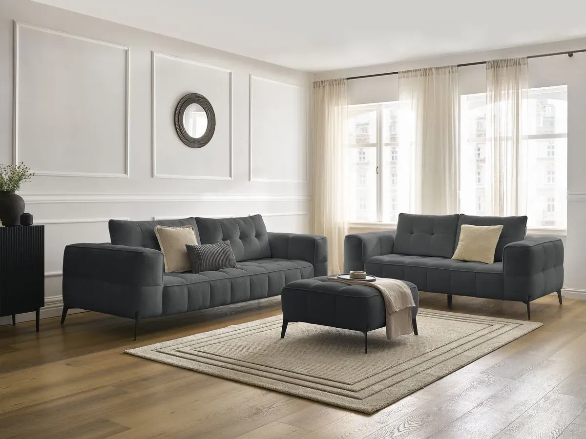 Ensemble canapé droit fixe 3 + 2 places ANIS tissu texturé avec pouf gris foncé   BOBOCHIC