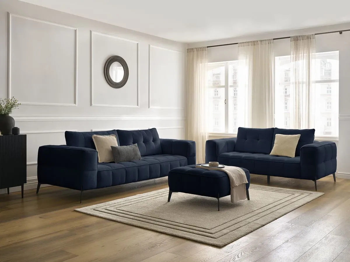 Ensemble canapé droit fixe 3 + 2 places ANIS tissu texturé avec pouf bleu   BOBOCHIC