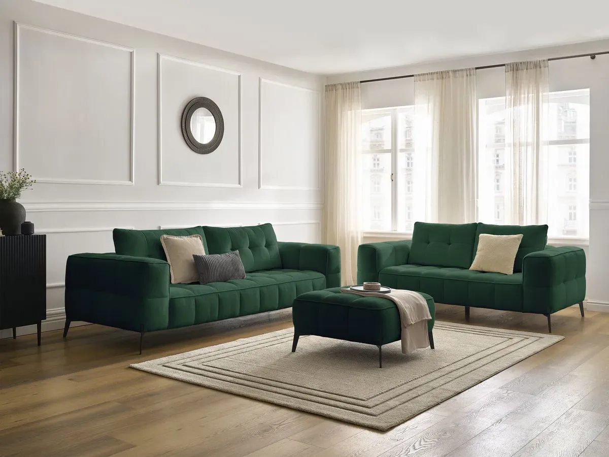 Ensemble canapé droit fixe 3 + 2 places ANIS tissu texturé avec pouf vert   BOBOCHIC