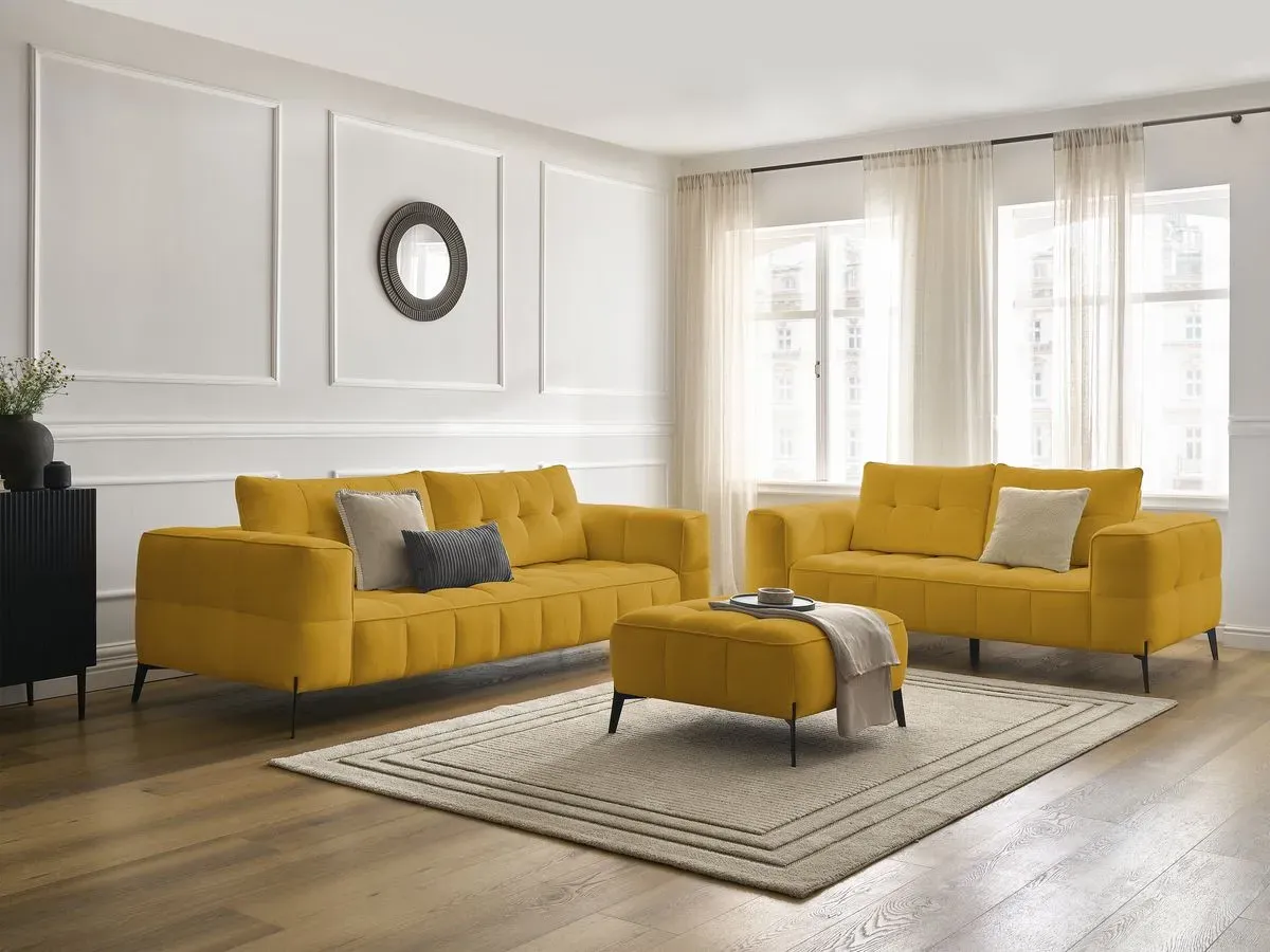 Ensemble canapé droit fixe 3 + 2 places ANIS tissu texturé avec pouf jaune   BOBOCHIC