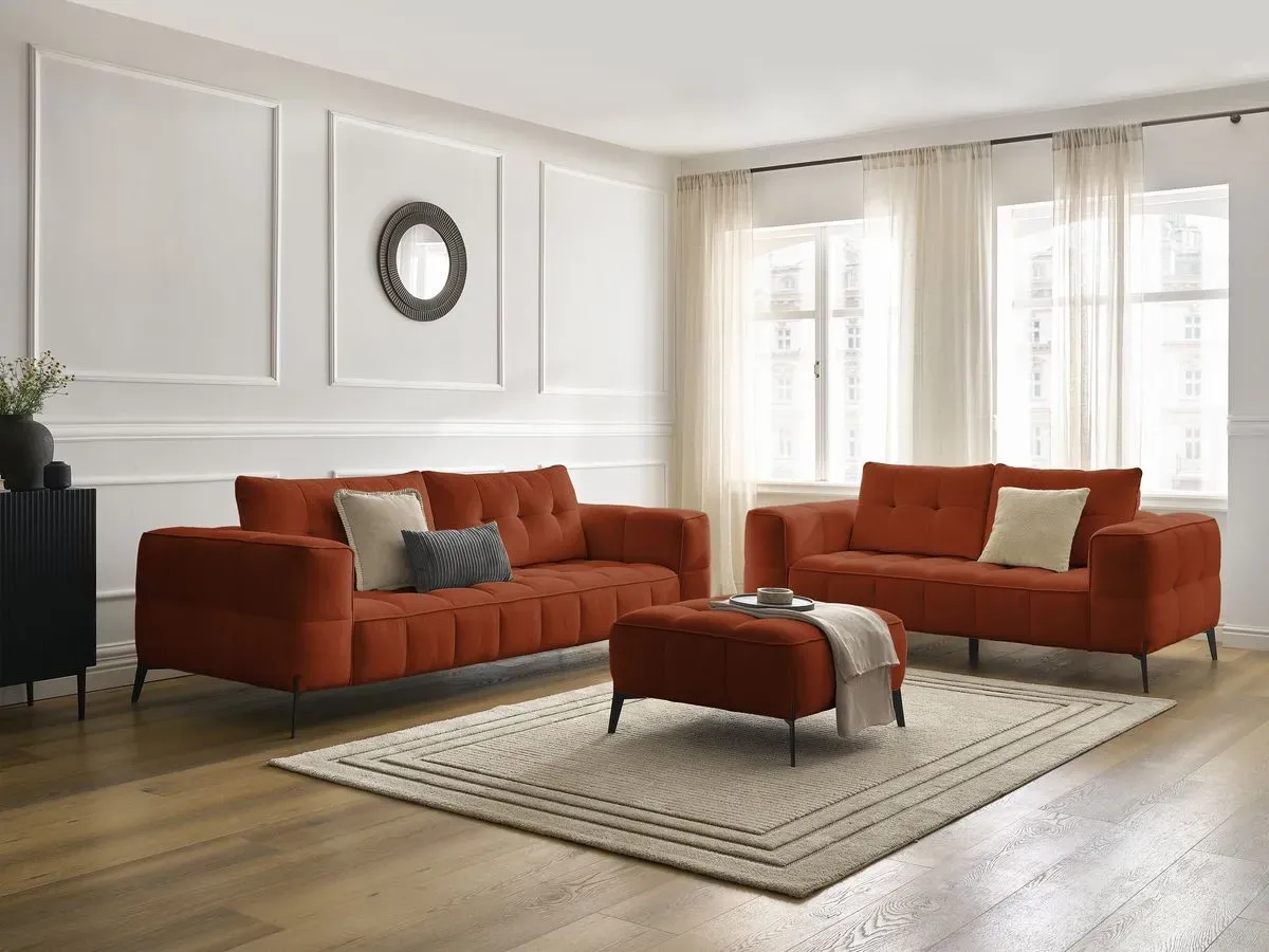Ensemble canapé droit fixe 3 + 2 places ANIS tissu texturé avec pouf orange   BOBOCHIC