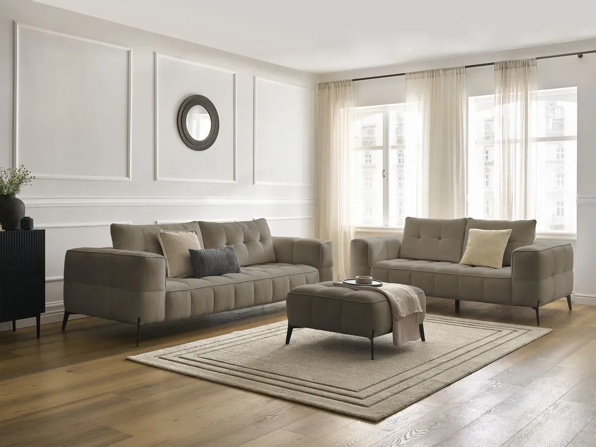 Ensemble canapé droit fixe 3 + 2 places ANIS tissu texturé avec pouf taupe   BOBOCHIC