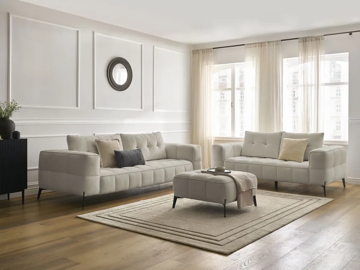 Ensemble canapé droit fixe 3 + 2 places ANIS tissu texturé avec pouf beige   BOBOCHIC